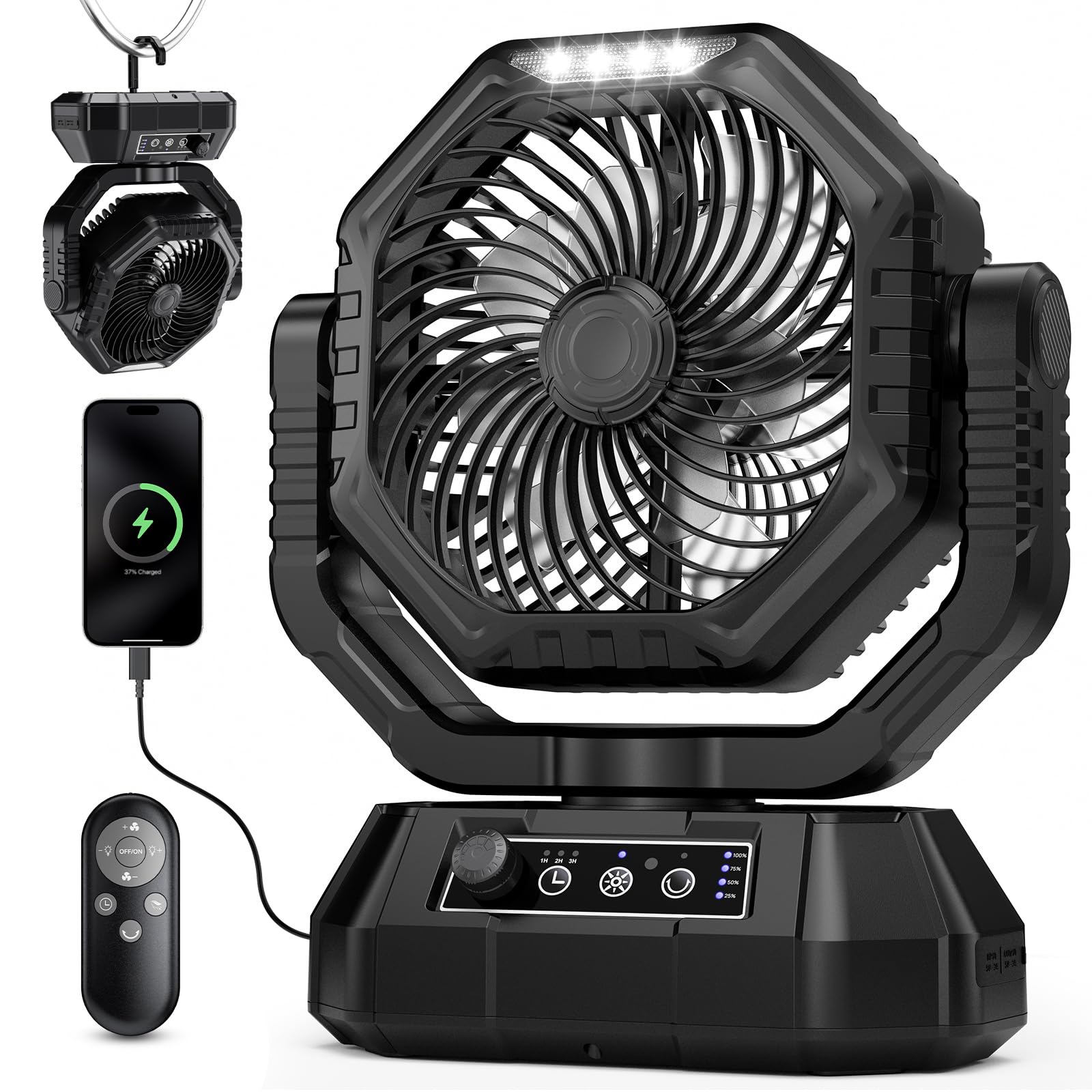 Photo 1 of AJVV Camping Fan with Light, Remote and Oscillation, Battery Powered Hanging Tent Fan, Rechargeable Portable for Camp, Outdoor, Emergencies, Fishing, RV Travel, Jobsite