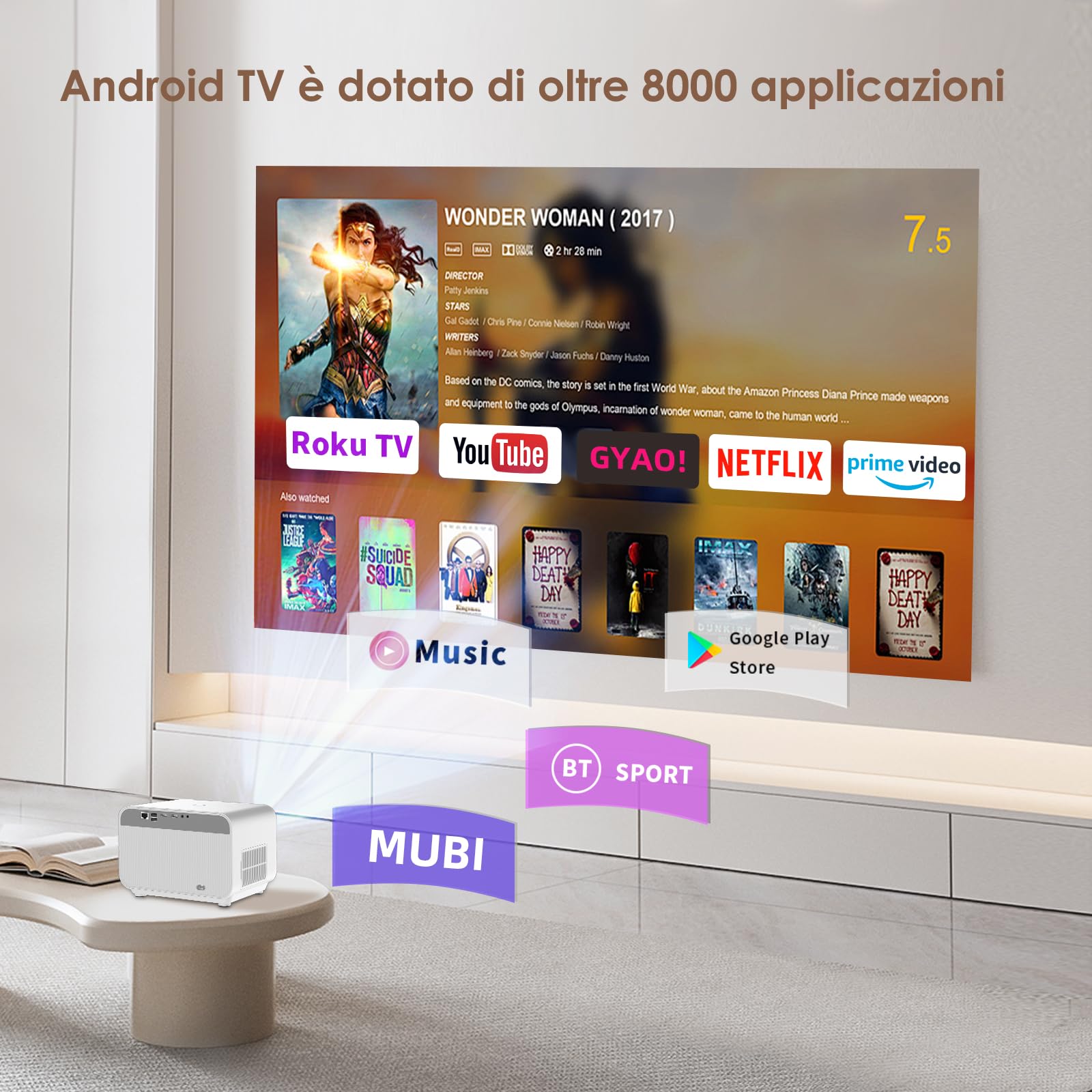 Proiettore【Auto Focus/Keystone & Android TV】1080P Full HD 700 ANSI, Proiettore 4K con Bluetooth e WIFI, FunFlix A1 Videoproiettore Zoom &300" per Home Theater per Smartphone/TV Stick/PS5/HDMI/USB