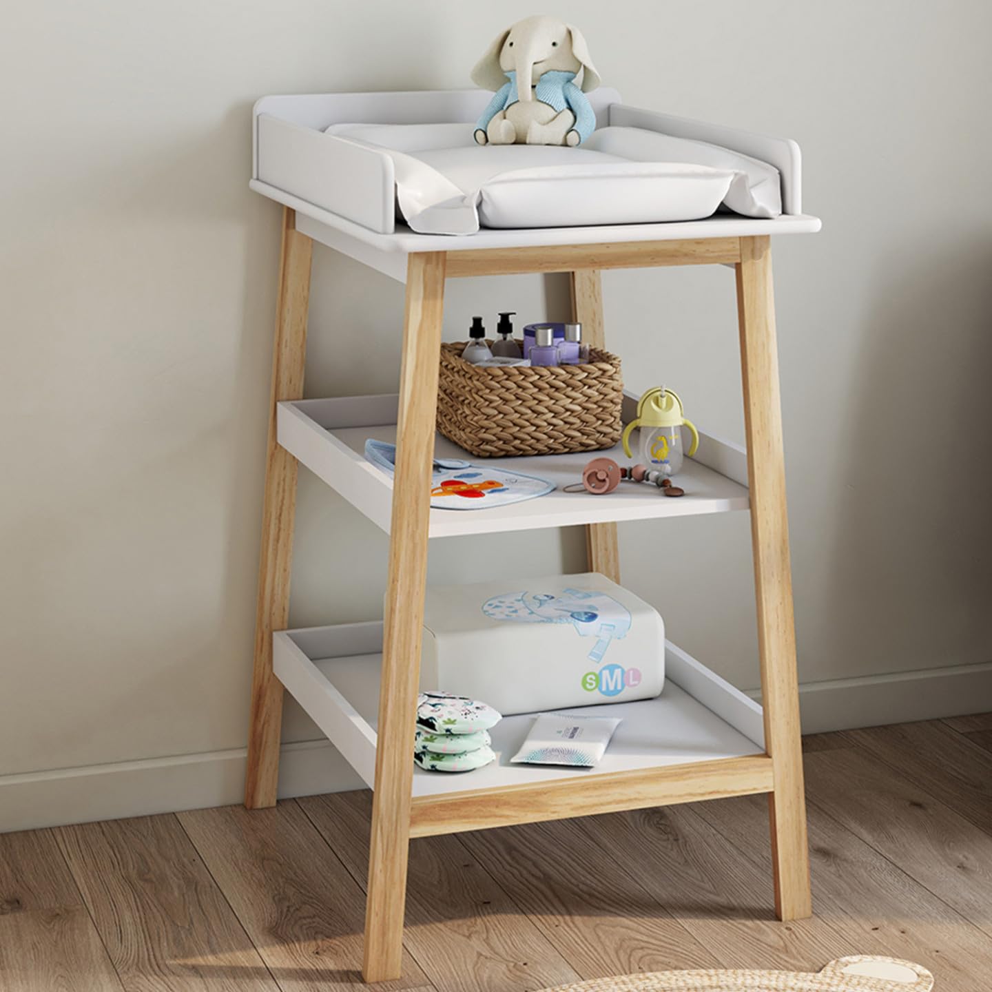 IDMarket - Table à Langer MAHE avec 2 étagères façon hêtre et Blanc