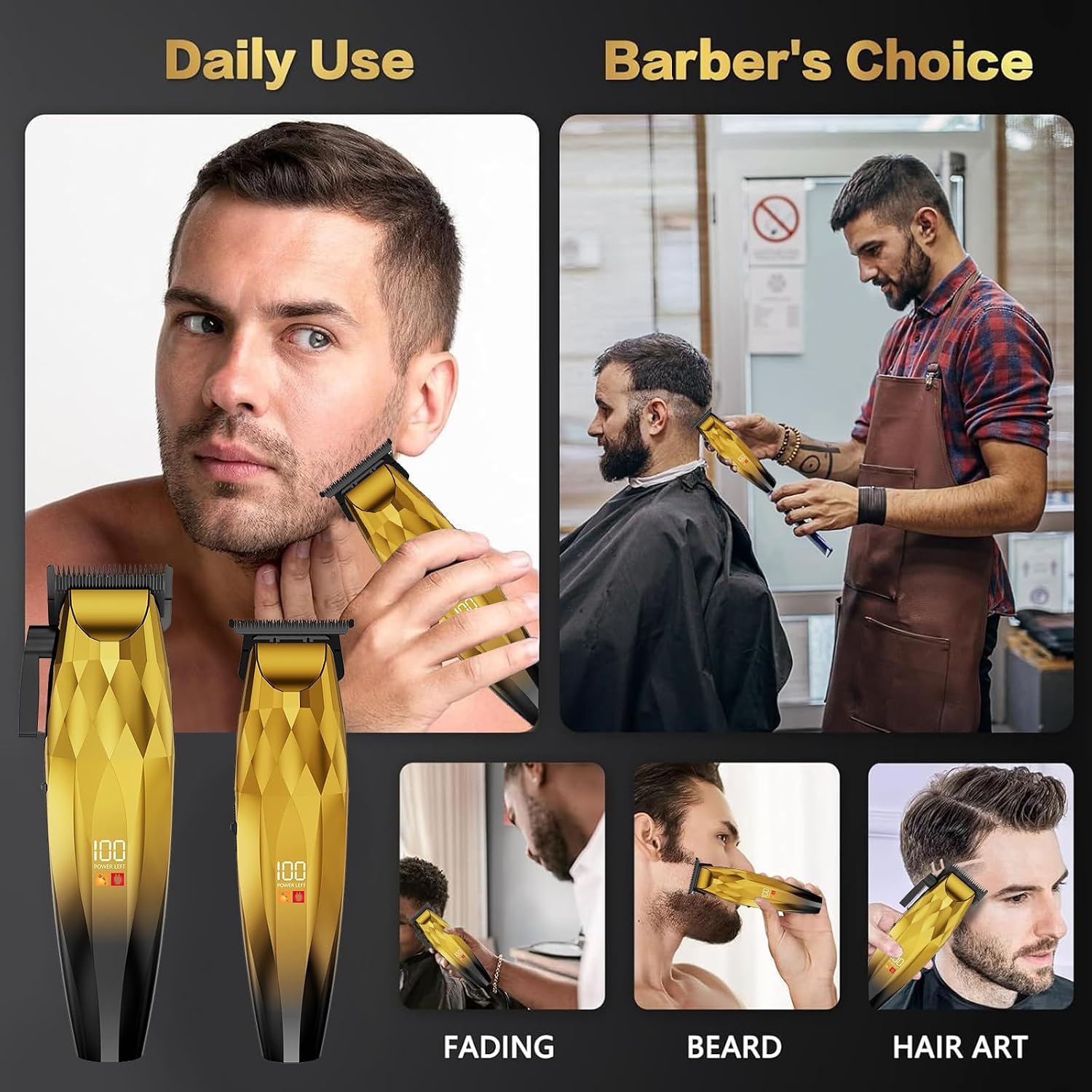 WAIKIL Professional Hair Clipper and Trimmer Set for Men, Cordless Barber Clippers with LED Display, Rechargeable Hair Cutting Kit for Hair, Beard and Grooming,Gold