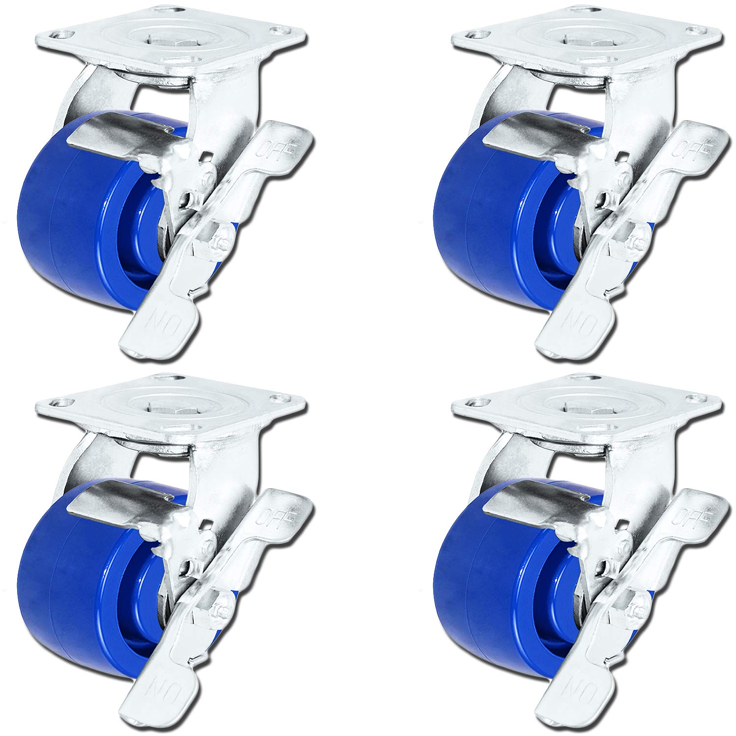 4" x 2" Stainless Steel Set of 4 Swivel Casters with Locking Brakes | Blue Solid Polyurethane Wheel | 800 lbs Capacity per Caster | CasterHQ Brand |