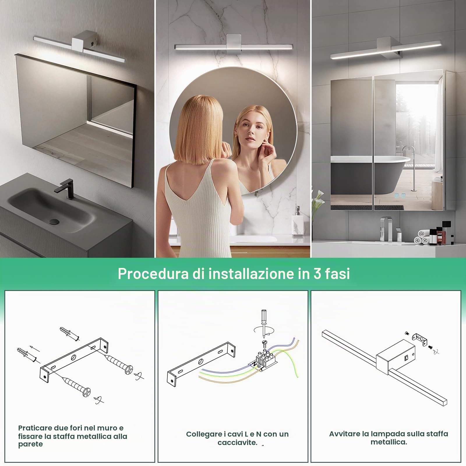 Lampada da Specchio da Trucco 40cm, Luce Specchio Bagno LED 12W, 960 Lumen Bianco Neutra 4000K Applique da Parete IP20 (Cromo)