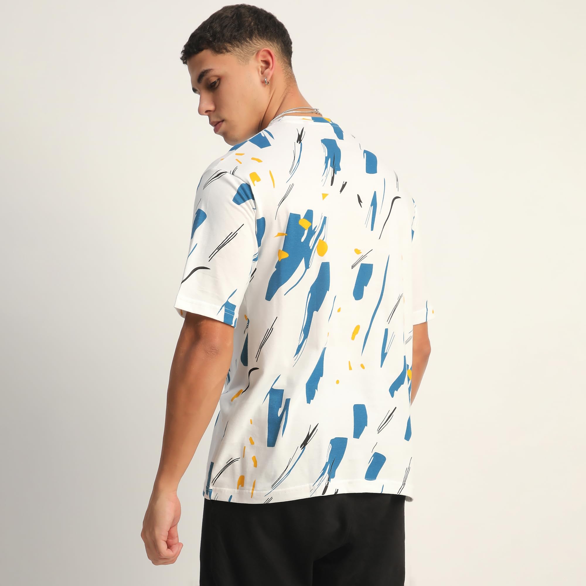 THALASI® T-shirt girocollo oversize in puro cotone con stampa su tutta la superficie, bianca, blu e con spalle cadenti, maglietta con maniche lunghe in stile bohémien, per uomini e ragazzi