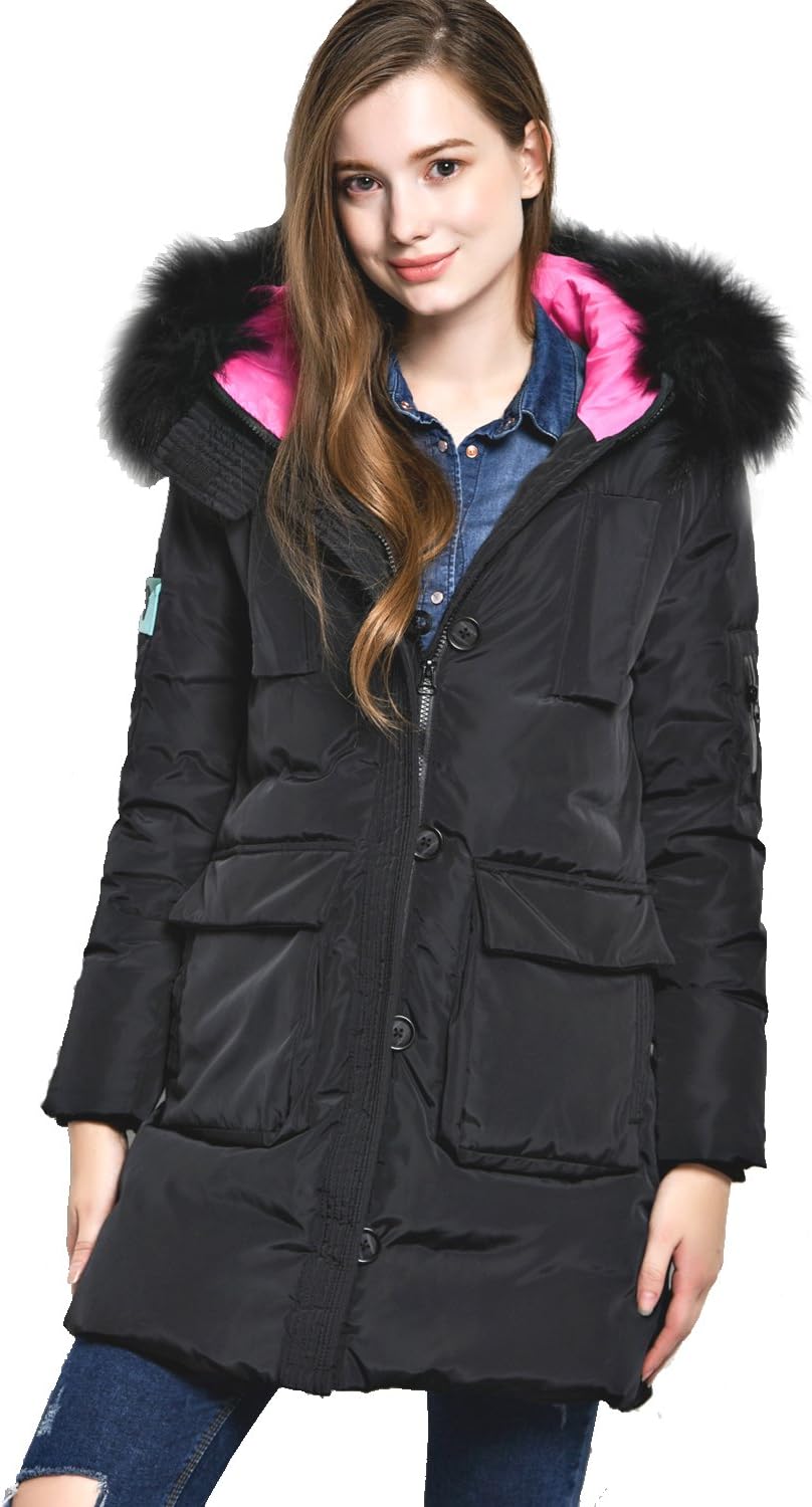 Vemure Women's Down Coat with Removable Fur Middle-long Jacket