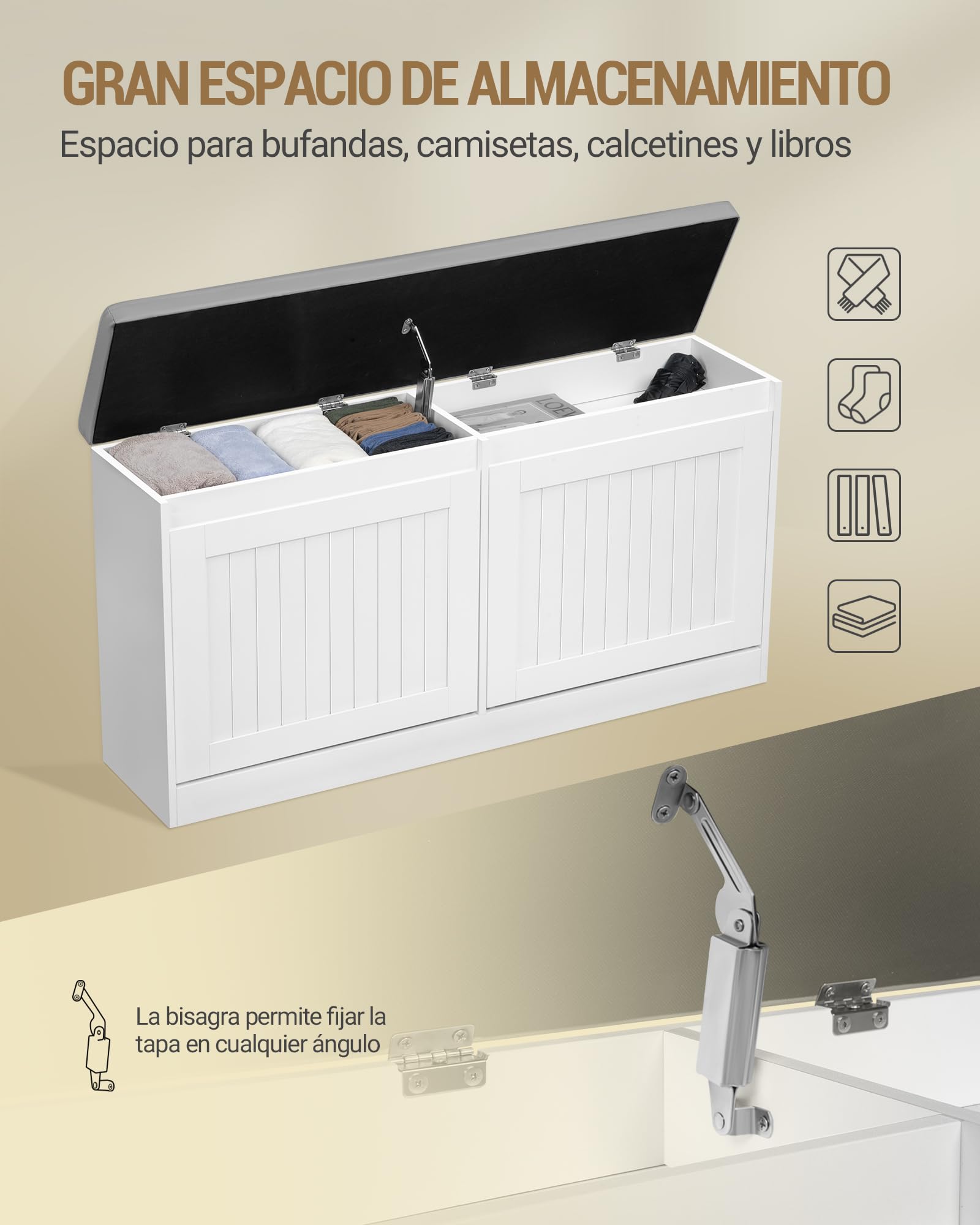 Hzuaneri Banco Zapatero, Mueble Zapatero con Asiento Tapizado, Almacenamiento Oculto, para 8 Pares de Zapatos, 25 x 103 x 50 cm, para Entrada Dormitorio Sala de Estar, Blanco SB26303GY