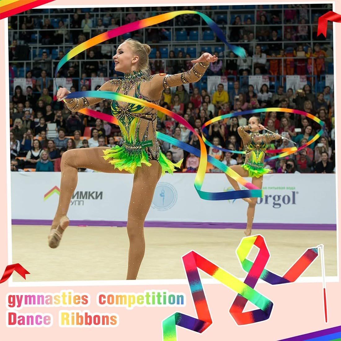 2 Rubans De Gymnastique Rythmique - 2 Mètres - Arc-en-ciel Et Rose - Bâton 30 Cm - Pour Danse, Entraînement Enfant