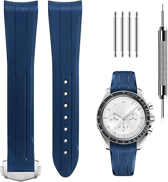 حزام ساعة SIGNMET الجديد مقاس 20 مم يناسب حزام ساعة Omega Speedmaster Omega X Swatch MoonSwatch باللون الأسود والأزرق، حزام ساعة عصري ومريح من مطاط الفلور الناعم المقاوم للماء والعرق مع قابل للتعديل