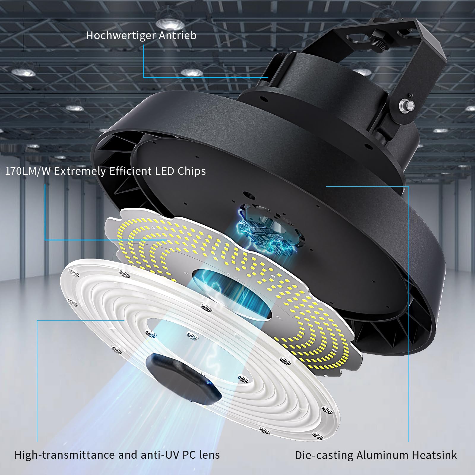 Modlicht Foco LED de gran altura 300W blanco frío 5000K | Lámpara industrial UFO Highbay con ángulo de haz de 90°, 51000lm, iluminación de pasillo IP65 para almacén/taller/luz de garaje comercial