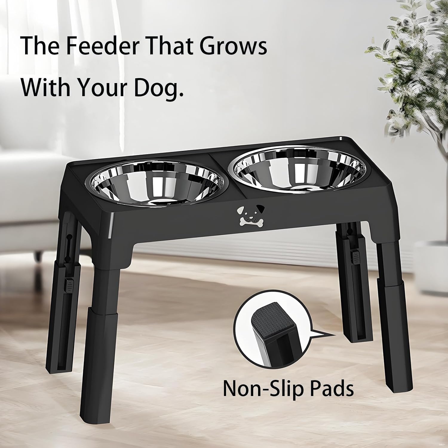 Elevated Dog Bowls Stand 5 Height Adjustable, Raised Dog Feeder with 2 Thick 50oz Stainless Steel Bowls, Non-Slip Pet Food Station for Medium & Large Breeds (Black)