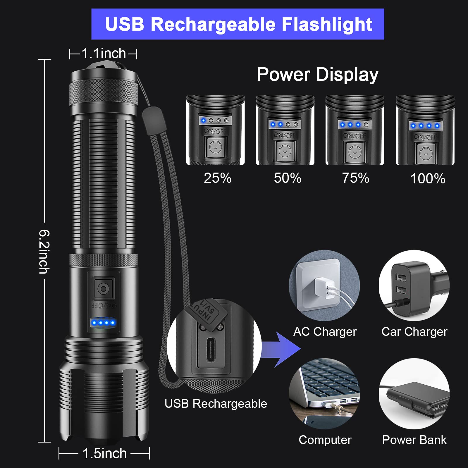 Lanterna Tascabile Ricaricabile Searchlight 8000 Lumen, 6000mAh, LED, Portatile E Impermeabile - Foto 3