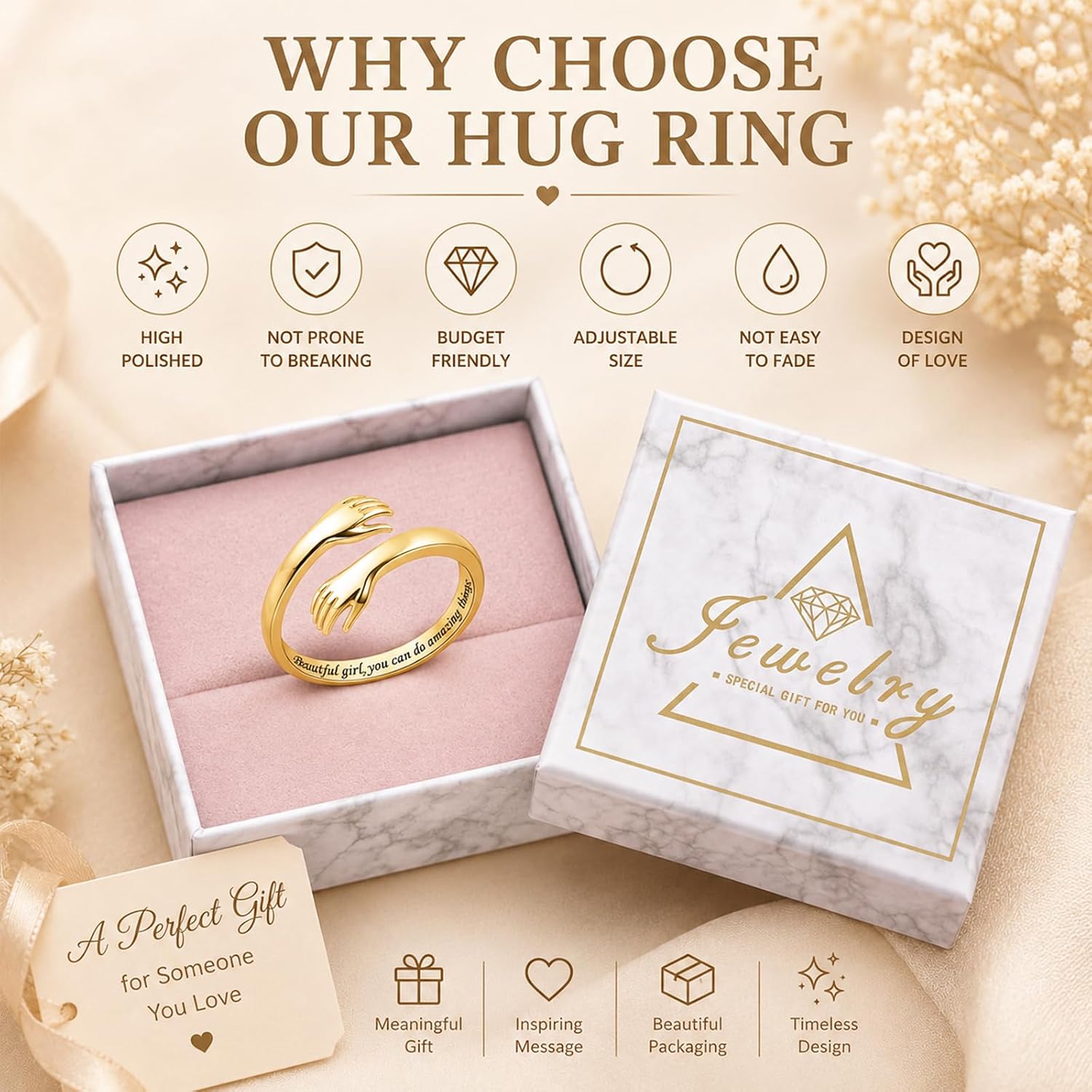 Sterling Silver Hug Ring for Women Teen Girls Adjustable Love Promise Ring Inspirational Open Rings Mothers Day Birthday Gift for Daughter Granddaughter Mom Wife Best Friend