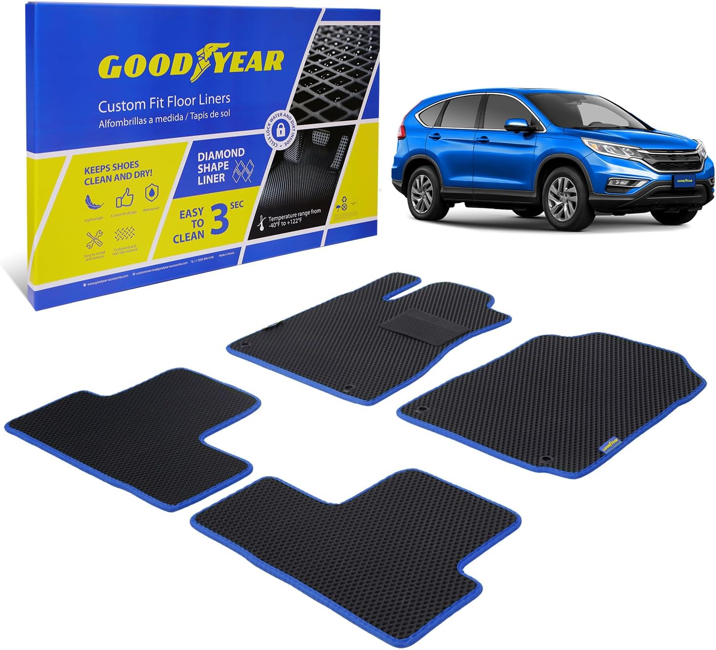 Goodyear All-Weather Car Floor Mats –Custom Fit for Hyundai Santa Fe 19-20, 5 Pc. Set, Heavy-Duty Diamond Floor Liners for Cars, SUVs, Trucks–Ultimate Interior Car Accessories for Men&Women - GY007051
