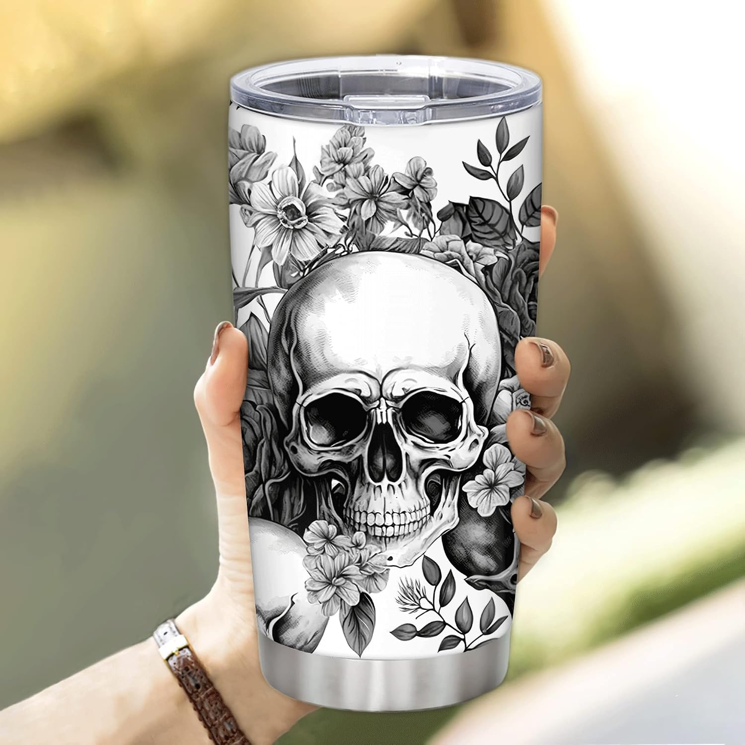 Hyturtle Personalized Skull Tumbler with Customize Name 20oz 30oz Tumbler with Lid Gift for Woman Skull Lovers - Floral Skull Travel Coffee Mug