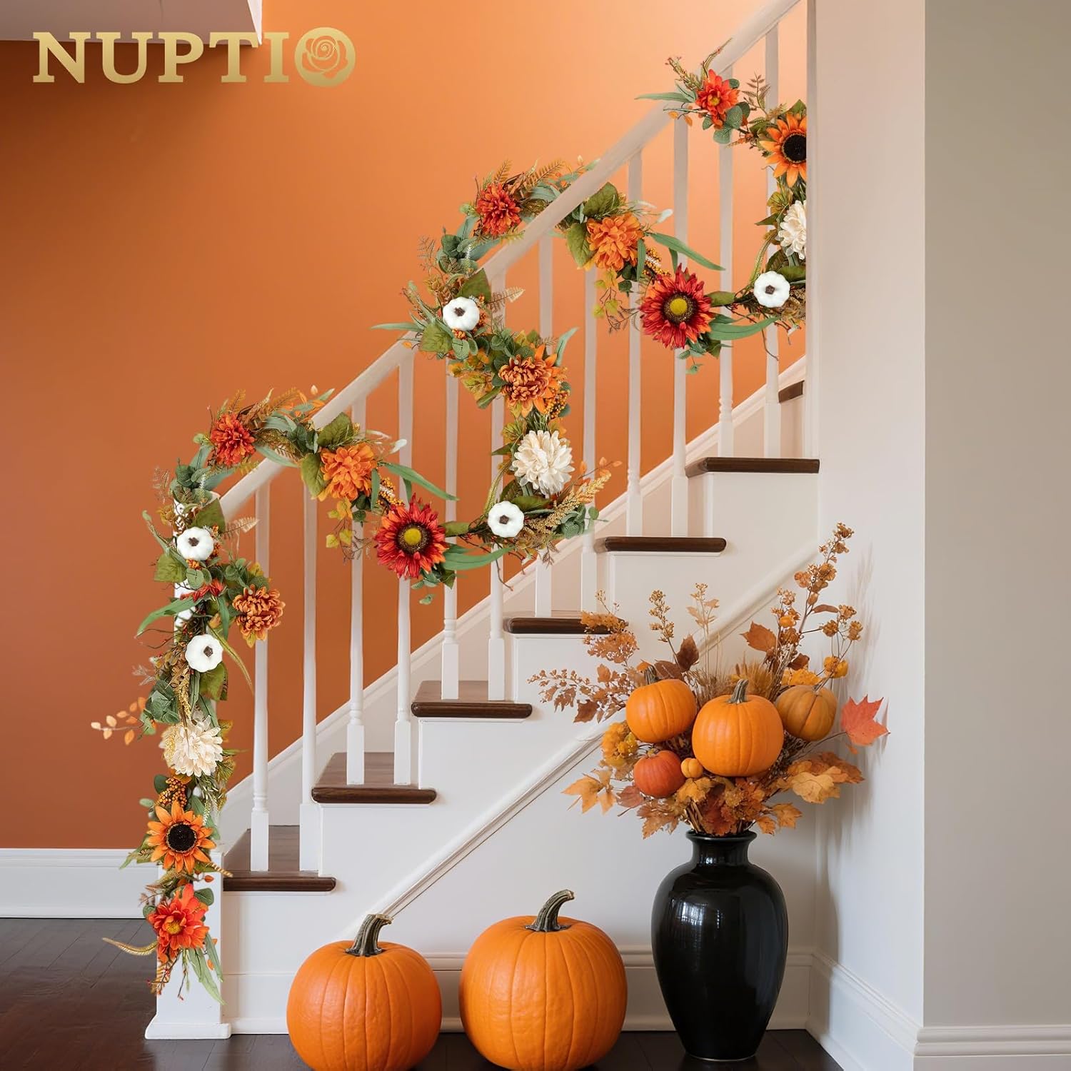 NUPTIO カボチャ付き紅葉ガーランド:ドアマントル暖炉パーティーダイニングテーブル用の6フィートの秋の装飾 - 感謝祭の収穫のた