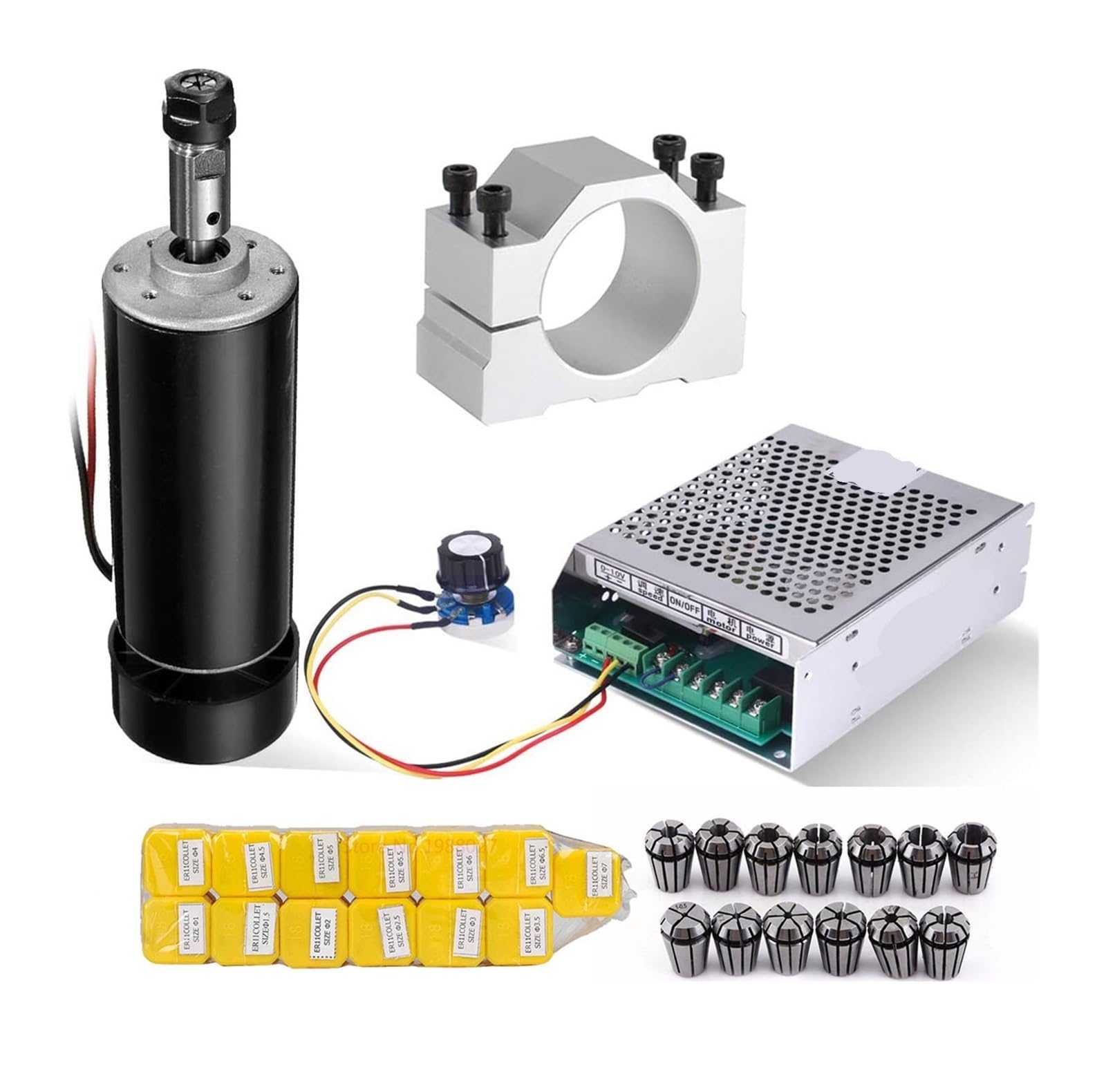 0.5kw Air Cooled Spindle 500W Spindle Motor ER11 Chuck CNC Spindle Motor+52mm Clamps+Power Supply Speed Governor for Engraving
