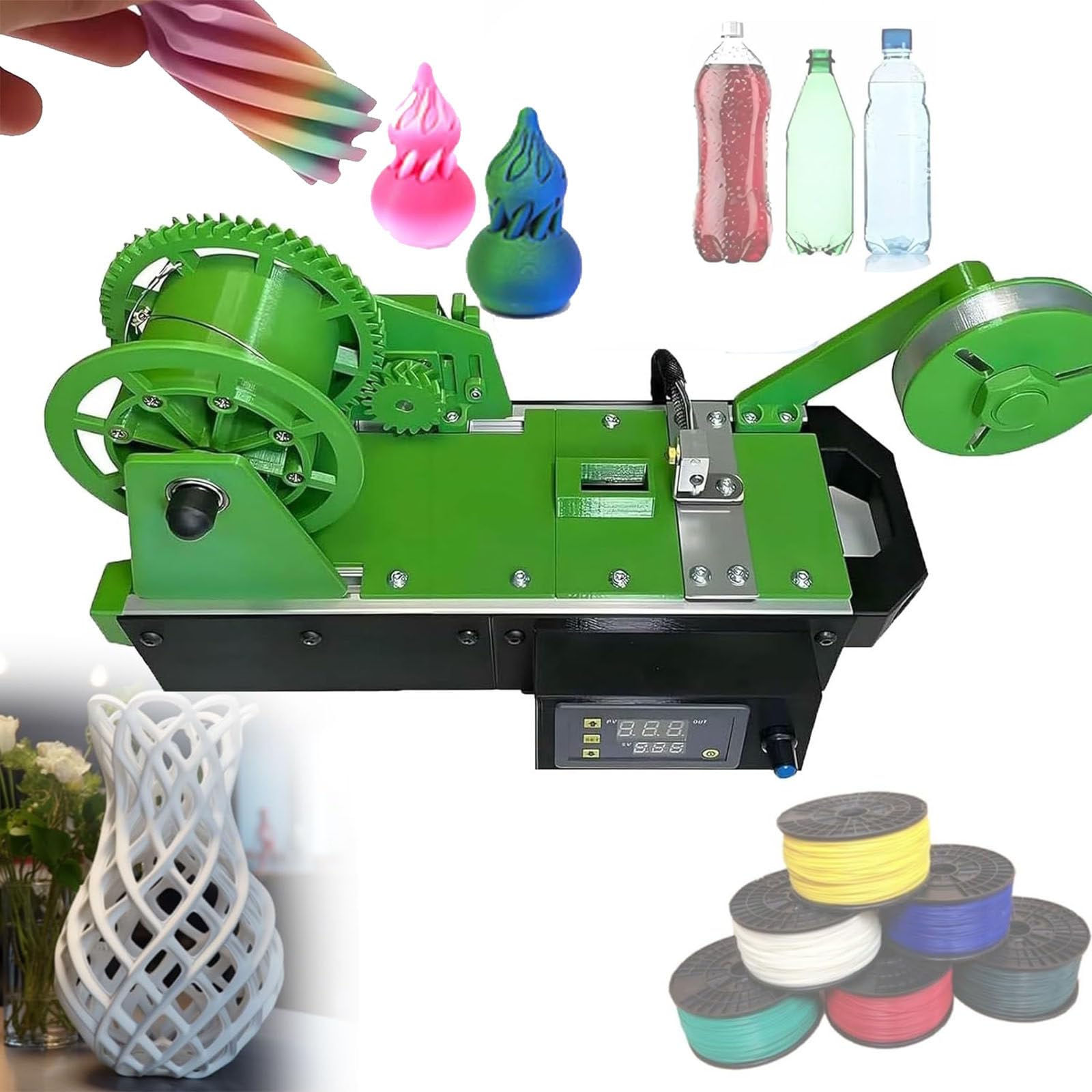 JozyJul 3D Recycled PET Filament Maker, Desktop Filament Maker Machine, Pastic Bottles Fiament Pultruded, Recycled PET Bottle Recycler for Families, DIY Makers Green