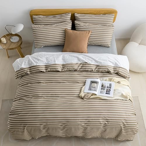 Miniatura 3 de JELLYMONI Twin Duvet Cover Set, Cotton Duvet Cover 2 Pieces with Zipper Closure, 1 Duvet Cover and 1 Pillowcase(Khaki with White Striped)