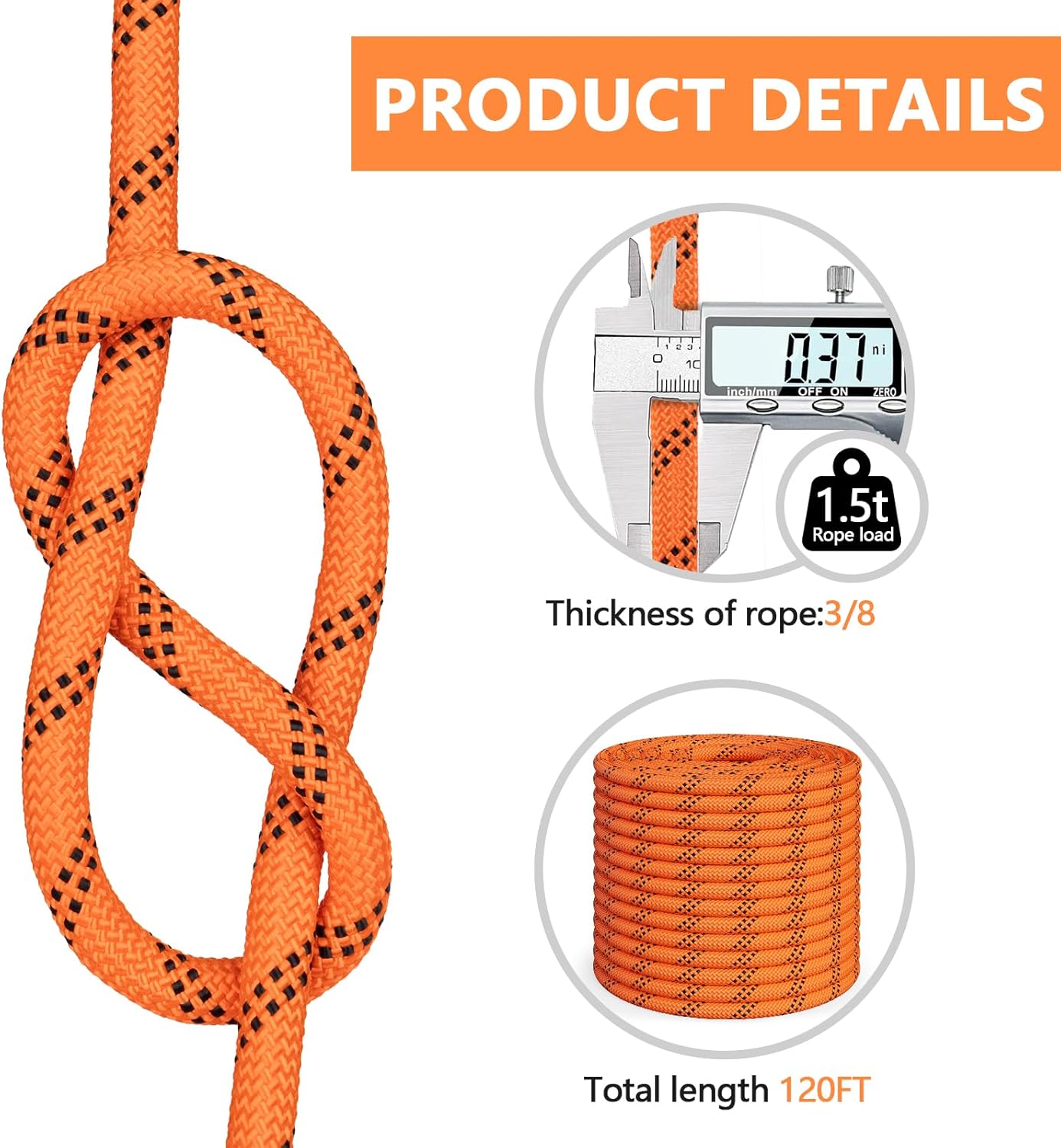 Braided Polyester Arborist Rope 3/8 inch X 120ft