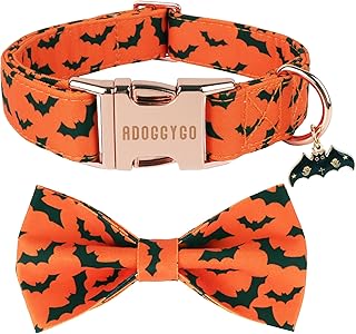 ADOGGYGO Halloween Dog Collar with Bow, Detachable Bat Print Bowtie Charm, Metal Buckle, Adjustable