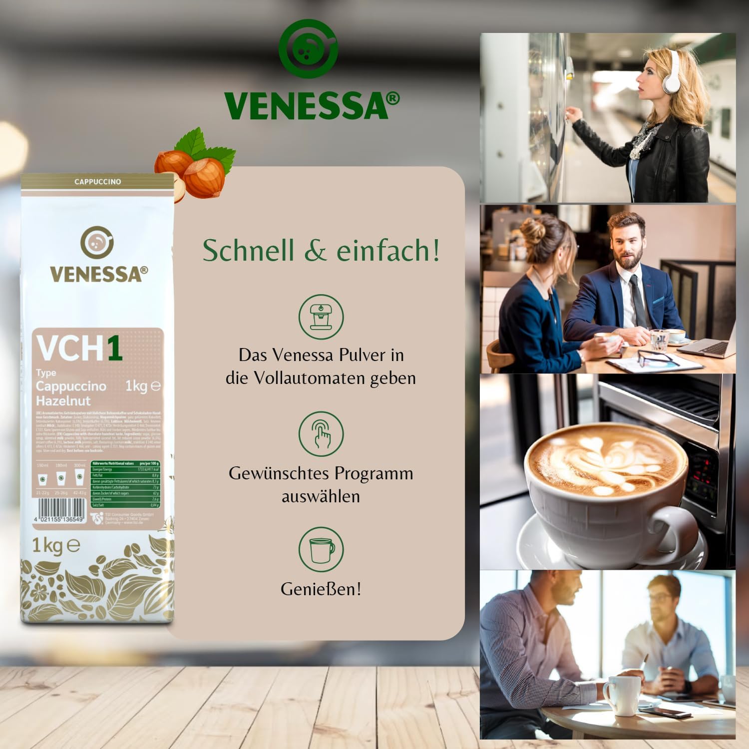 VENESSA VCH 1 Cappuccino orzech laskowy, 10 x 1 kg, bardzo wydajny, rozpuszczalna kawa rozpuszczalna o smaku orzechów laskowych, aromatyczna, kremowa, wszystkie ekspresy do kawy Vending & Office
