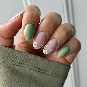 Short Press on Nails Oval Fake Nails Green Nails Press ons Glossy Glue on Nails Light Pink Acrylic Nails Cute False Nails with Flower Designs Summer Fall Stick on Nails for Women 24Pcs