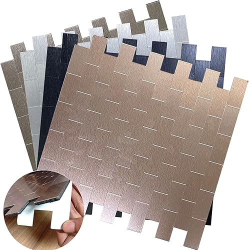 Miniatura 2 de XUANINY 10 láminas de azulejos metálicos despegables y adhesivos para salpicadero, autoadhesivos de aluminio cepillado estilo subway, pegatina de