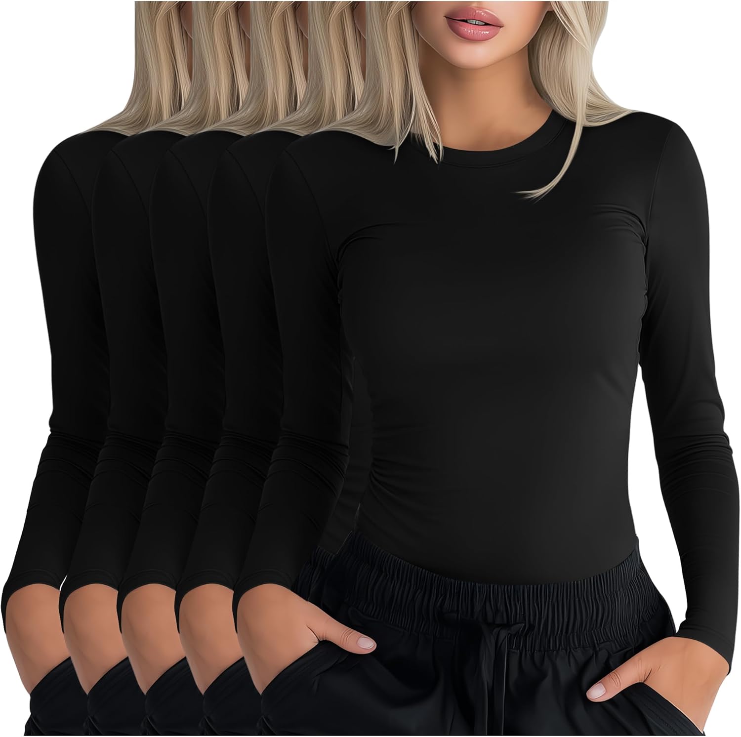 5 Pack Womens Underscrub Long Sleeve Shirts Slim Fit Crew Neck Tops Basic for Nurse with Soft Fabric