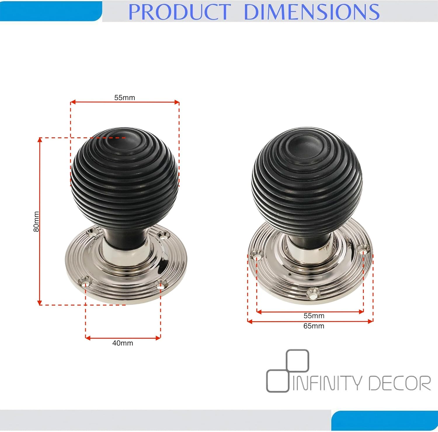 Infinity Decor Victorian Pure Ebony Wooden Beehive Mortice Rim Door Knobs Pull Handles on Polished Nickel Rose 55mm – Ideal for Interior & Exterior Use