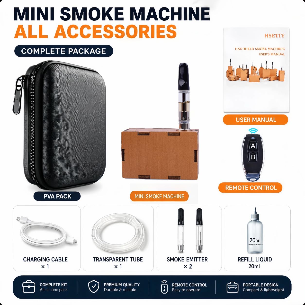 Mini máquina de humo portátil de mano con control remoto, kit de nebulizador de madera inalámbrico para fotografía, video, cosplay, accesorios de peinado de alimentos, incluye funda de transporte y