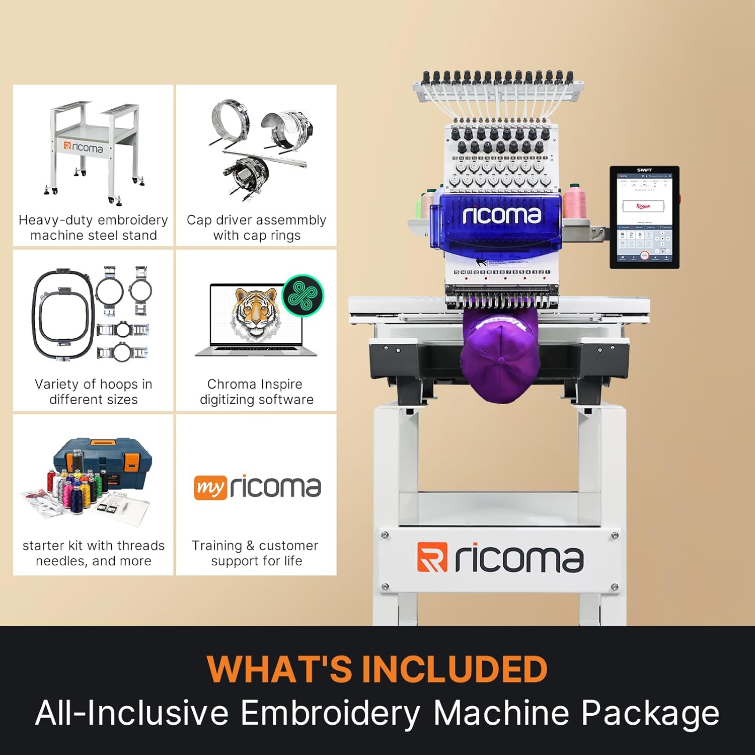 Ricoma Swift 1501 15-Needle Commercial Embroidery Machine, 20.5"x13.8" Large Embroidery Area, 1200SPM Max Speed, 10.1" Touchscreen, Wi-Fi/USB, 3D Cap & Flat Clothing Embroidery for Business