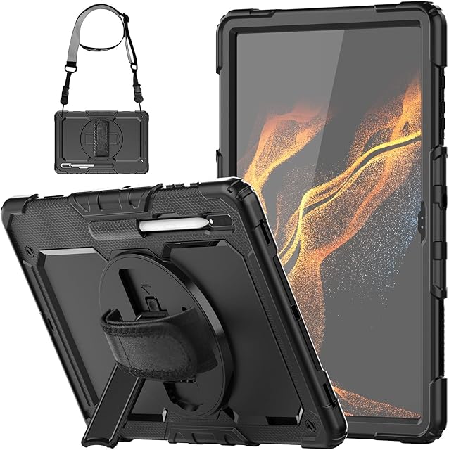 SEYMCY Shockproof Samsung Galaxy Tab S8 Ultra Case 14.6 inch 2022 Full Body Protective with Pen Holder/Screen Protector/360 Rotating Hand Strap, Heavy Duty S8 Ultra Tablet Case SM-X900/X906 - Black