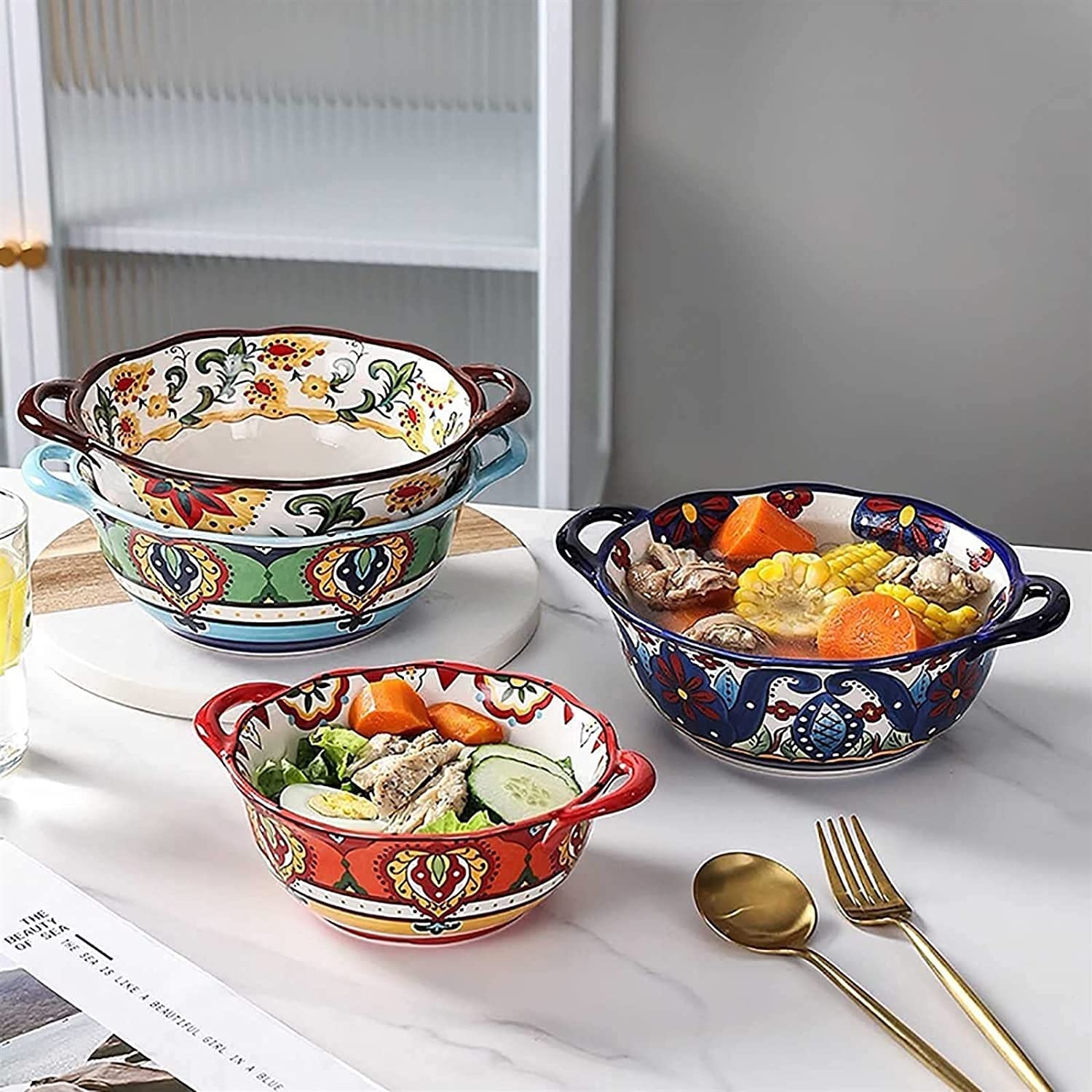 Henkel Suppentasse Suppenschüssel Elegante Suppenschüsseln aus Keramik mit Löffel, 26 Unzen große handbemalte Zwiebelsuppenschüssel mit Blumen und Griff, Frühstücks-Haferflocken-Salat-Müsli(Blu)