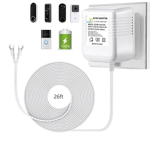Video doorbell Special Power Transformer, 18V500MA Ring doorbell Power Adapter, Compatible with Ring, Nest, Eufy, Wyze, Arlo Wireless Video doorbell (with 315in Cable White)