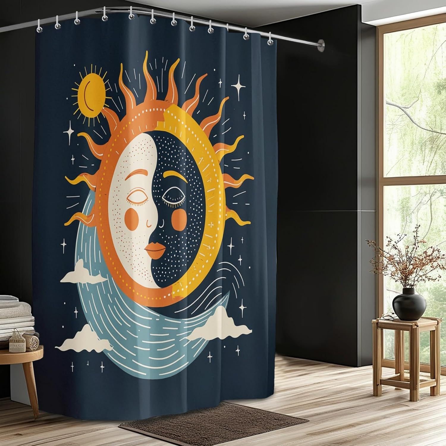 Sun and Moon Shower Curtain 65x84in（165x214cm） Blue Cartoon Kids Shower Curtain, Boho Celestial Sun Moon and Stars Bathroom Decor Curtains, Quick-Drying Waterproof Fabric with Grommet Hooks