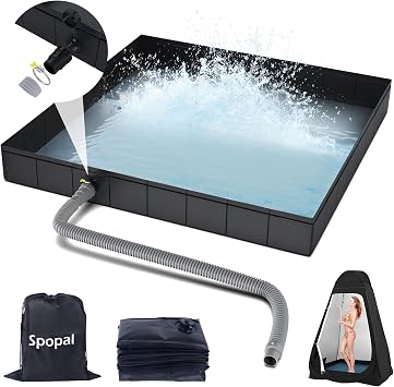 Spopal Camping Shower Tray, 104 x 104 x 13 cm Portable Foldable Shower Base, Large Capacity Tent Shower Tray with Removable Drain Pipe for Outdoor Camping Shower, Motorhomes, Pet Shower