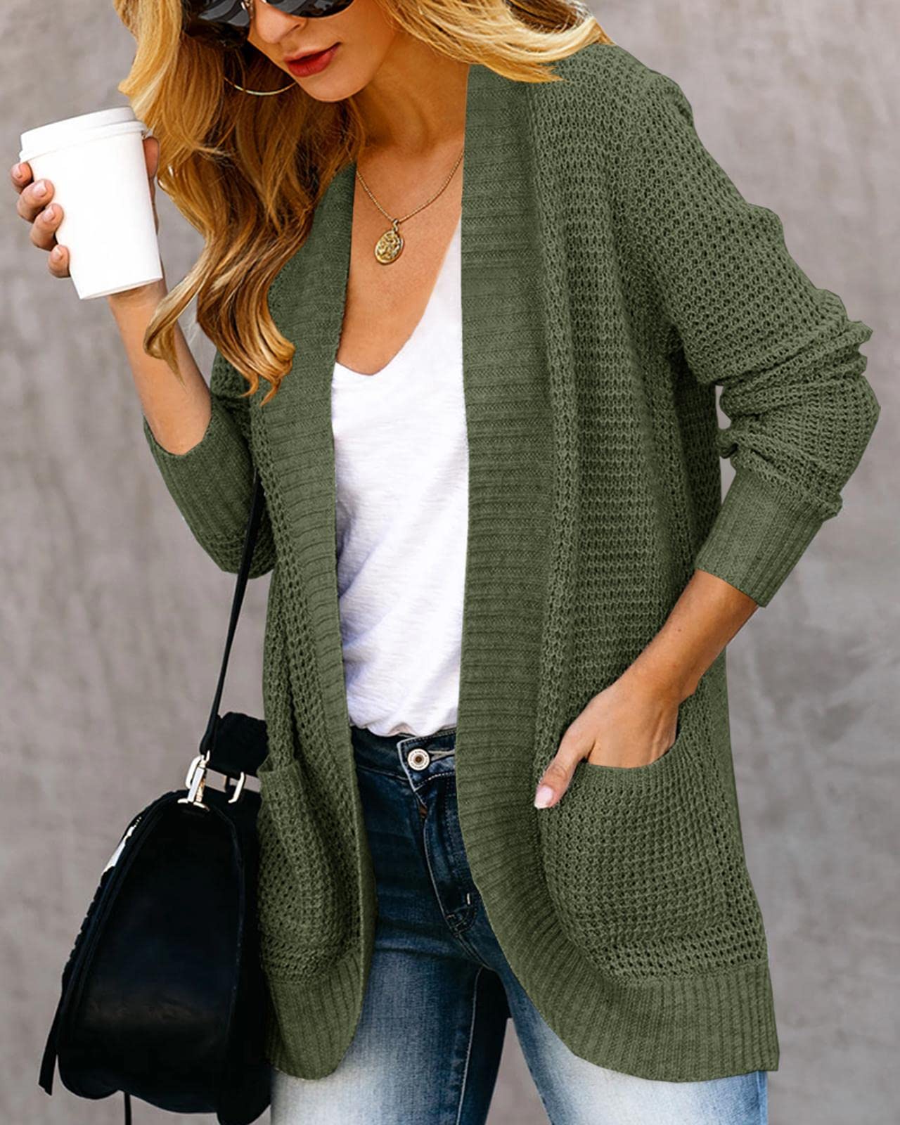 Saodimallsu Cárdigan suelto con frente abierto para mujer, de manga larga, casual, ligero, suave, con bolsillos