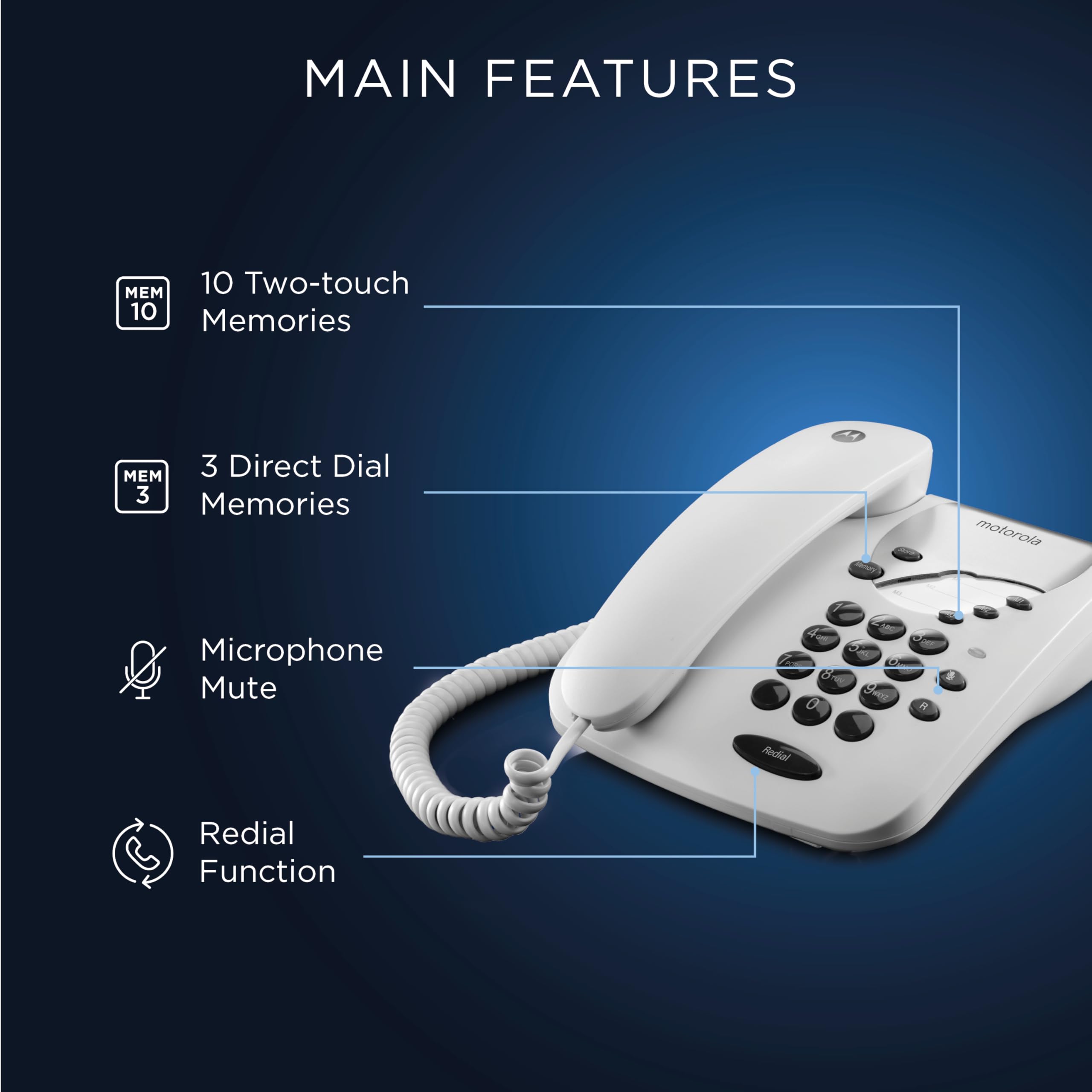 Motorola Voice - CT1 Teléfono con Cable, Llamadas con Cable, Conexiones sin Interrupción, Función Mute - Color Blanco