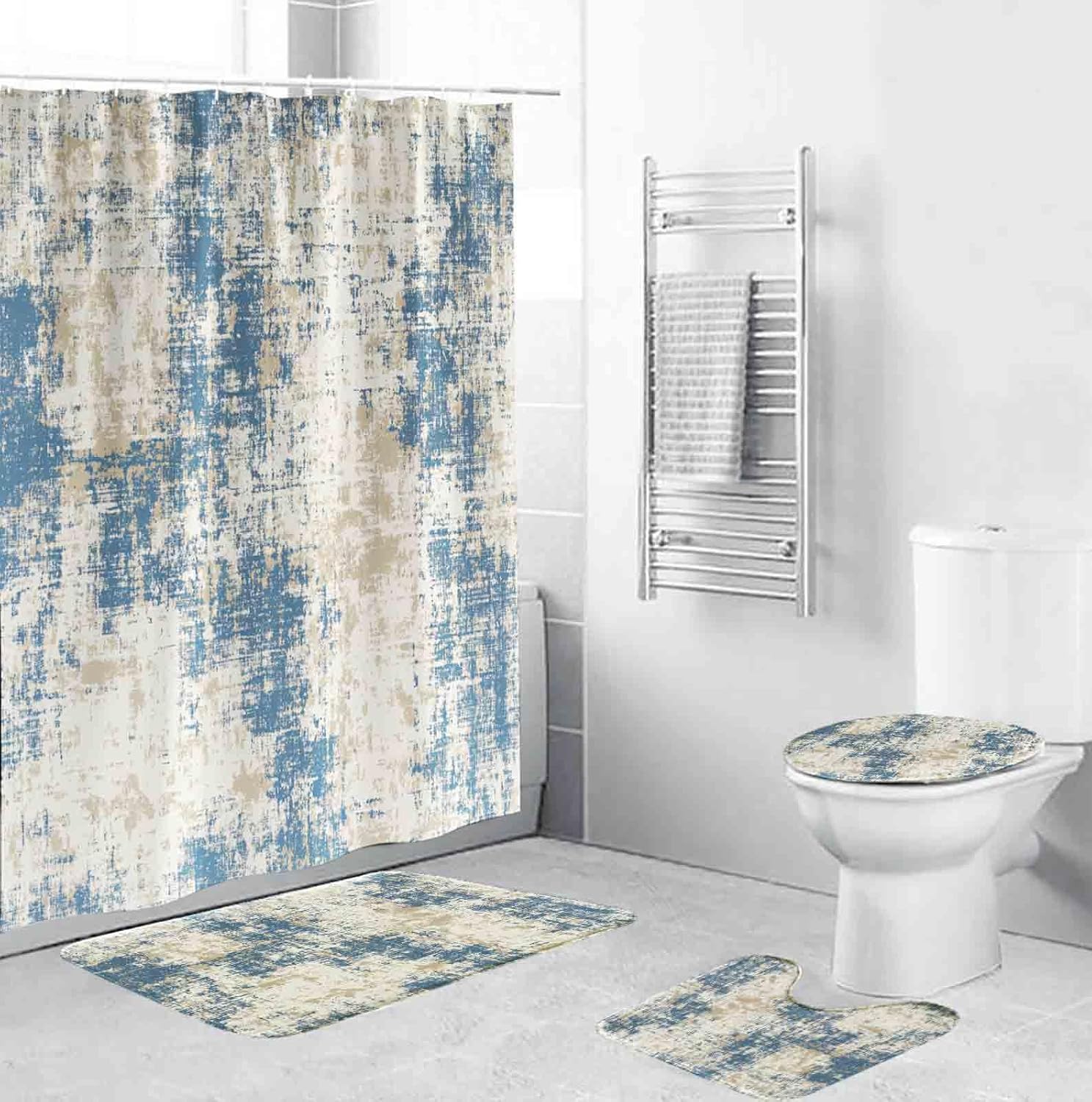 EMMTEEY 4Pcs Bathroom Sets with Shower Curtain and Rugs,Blue Abstract Art Shower Curtain Set Non-Slip Rugs Bath Mat Toilet Cover U Shaped Mat Bathroom Accessories