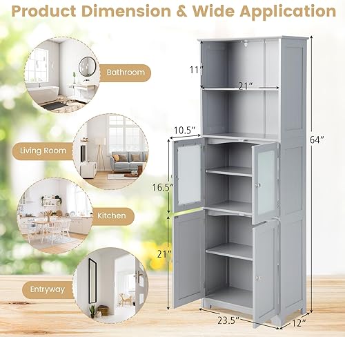 Miniatura 3 de COSTWAY Armario de almacenamiento alto para baño, armario de despensa de cocina independiente con puertas de vidrio y estante ajustable, gabinete de