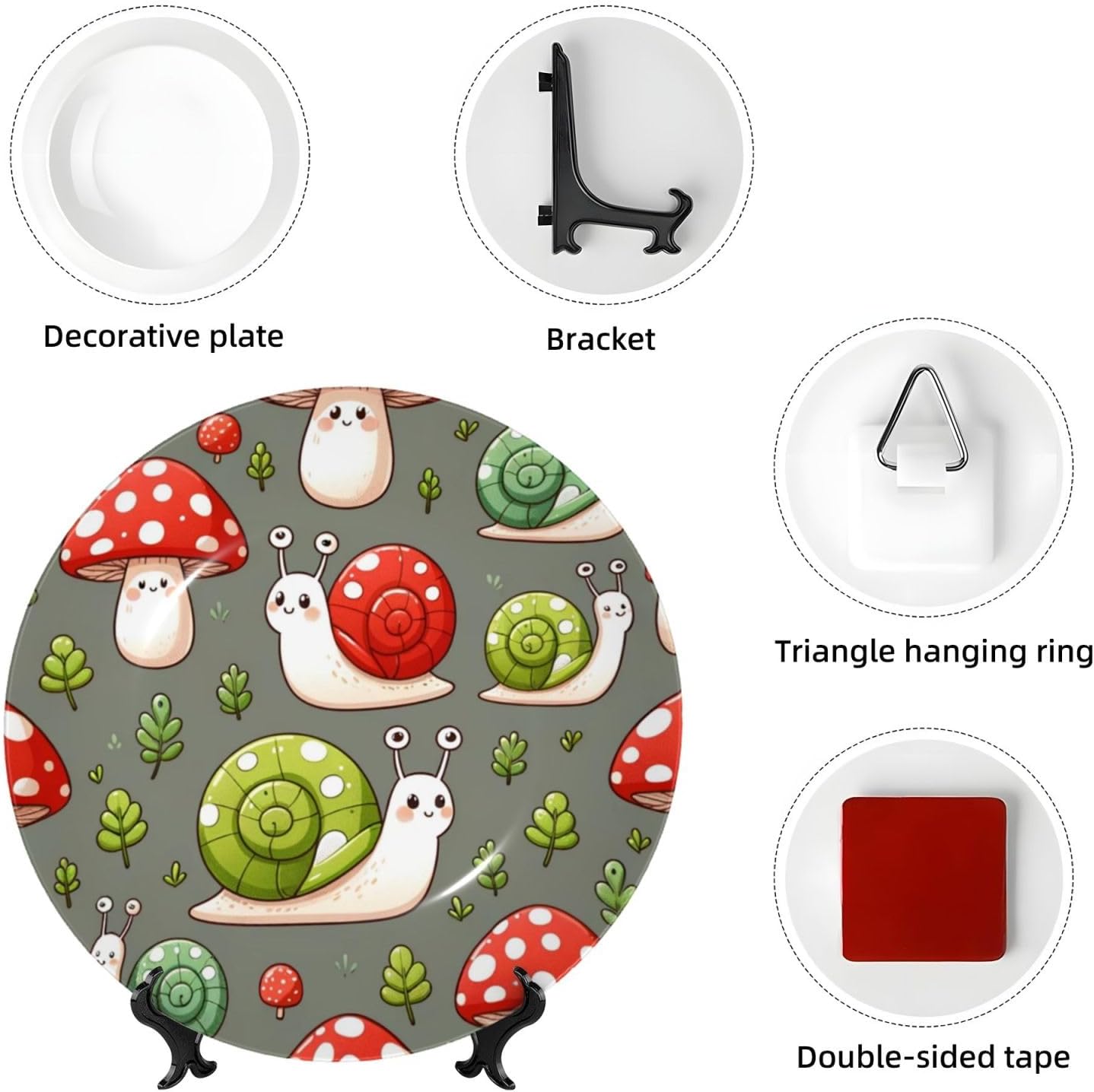 Kawaii-Snails-Mushrooms 10 Inch Decorative Plate With Stand, Elegant Display Wall Plate For Home Decor