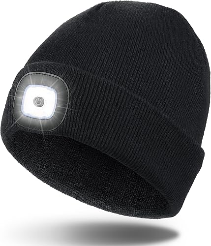 Gorro unisex con luces LED, manos libres, linterna de invierno recargable por USB, gorro de punto, regalo para hombres, marido, papá, negro