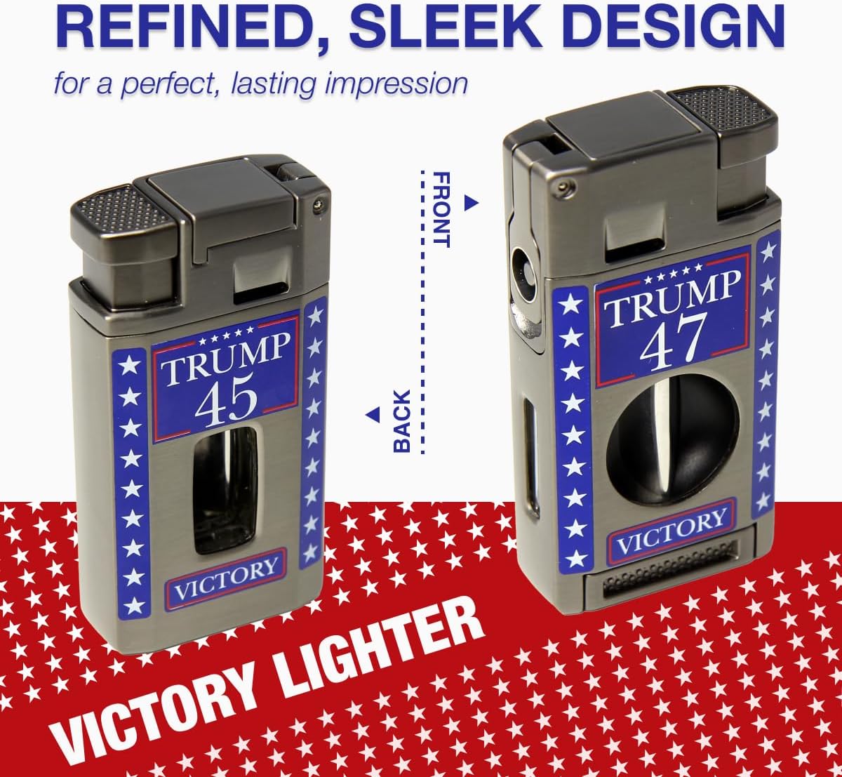 Trump 45/47 Victory Torch Lighter with V-Cutter & Punch – Dual Jet Butane Refillable Cigar Lighter, Windproof, Patriotic Collector's Edition with Display Box, Gift for Supporters