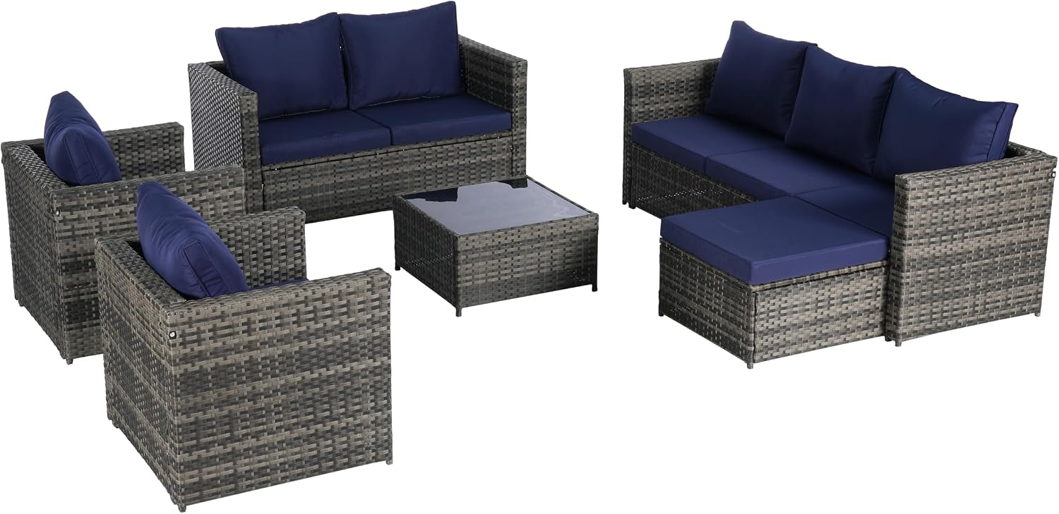 6-Piece Patio Furniture Set, Outdoor Wicker Rattan Sofa Conversation Set with Glass Table, Cushions and Pillows for Garden - All-Weather Sectional Sofa Set
