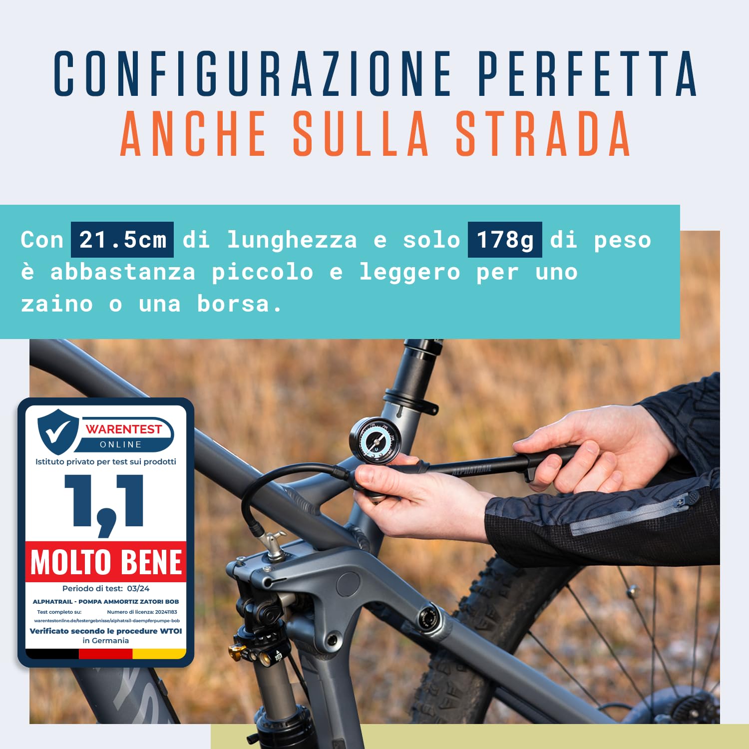Alphatrail Pompa Ammortizzatori Bob - Per tutte le sospensioni 300 PSI / 20,7 Bar pressione massima I Valvola a 2 stadi I Air bleeder I manometro grande (Ø40mm) I Per RockShox, Fox etc