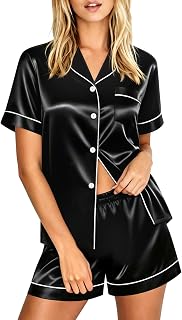 LecGee Womens Silk Satin Pajamas Short Sleeve Loungewear Two-Piece Sleepwear Button-Down Pj Set
