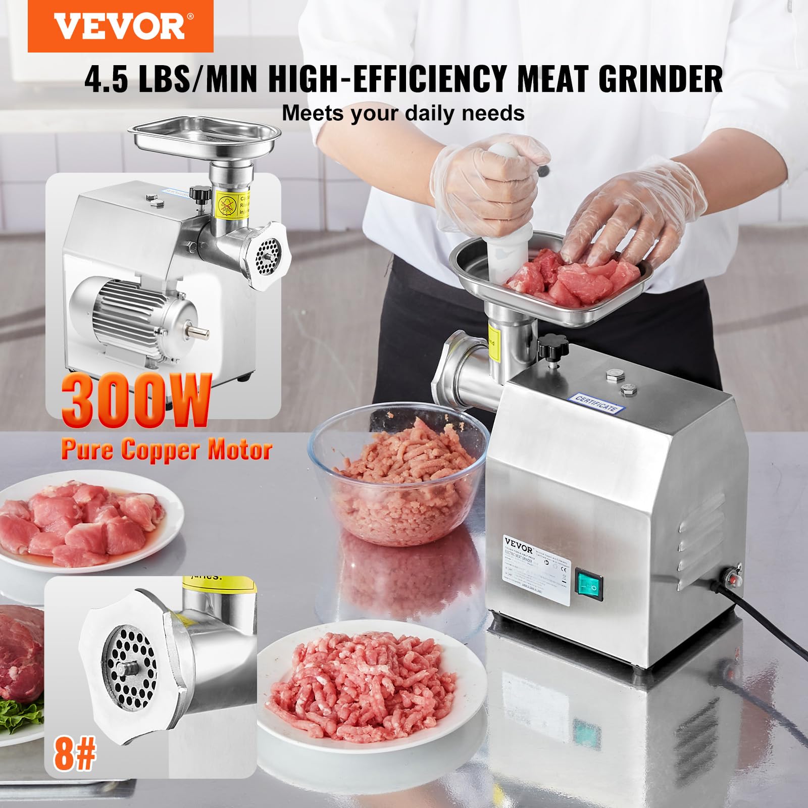 VEVOR Tritacarne Elettrico Efficienza 2,04 kg/min, Tritacarne Industriale da Banco con Lama Macchina per Salsicce con Piastra di Macinazione, Tritacarne Commerciale in Acciaio Inox Cucina Ristorante
