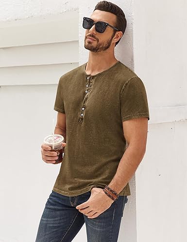 Miniatura 19 de Camisas Henley desgastadas para hombre, camisetas retro de manga corta, camisetas casuales con botones lavadas para hombre