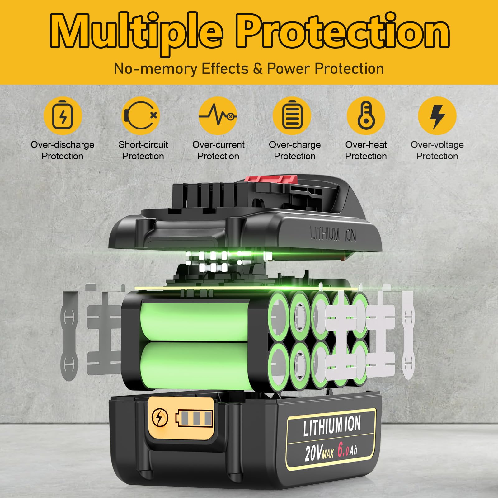 PENGJBATTER Paquete de 6 baterías de litio de 20 V 6.0 Ah de repuesto para batería DeWalt de 20 V máximo, alta capacidad compatible con herramientas eléctricas de la serie DCB206 DCB205 DCB208 y DCF