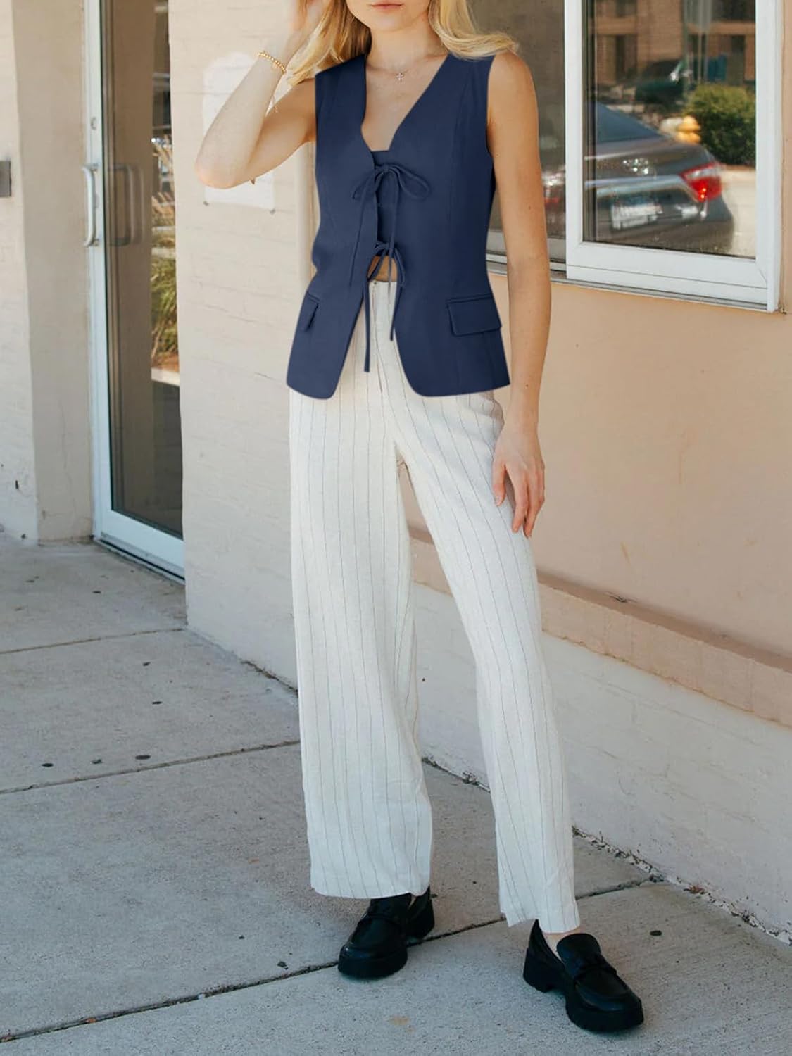 Cicy Bell Womens Tie Front Blazer Vest Tops Summer Sleeveless V Neck Suit Vest 2025 Casual Business Waistcoat