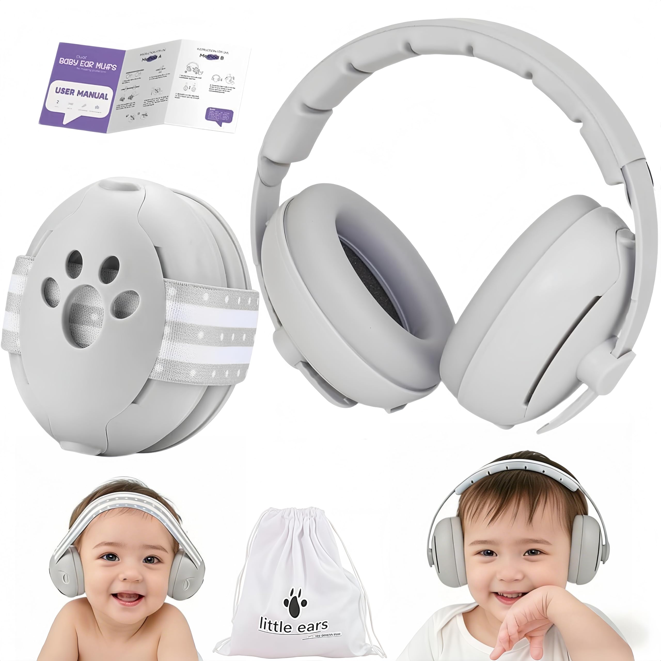 GUKOY Baby Ear Defender 2-in-1 for Babies and Toddlers up to 4 Years, CE & UKCA Certified - Noise Reduction Earmuffs - Comfortable Baby Headphones Against Hearing Damage & Improves Sleep (Grey)